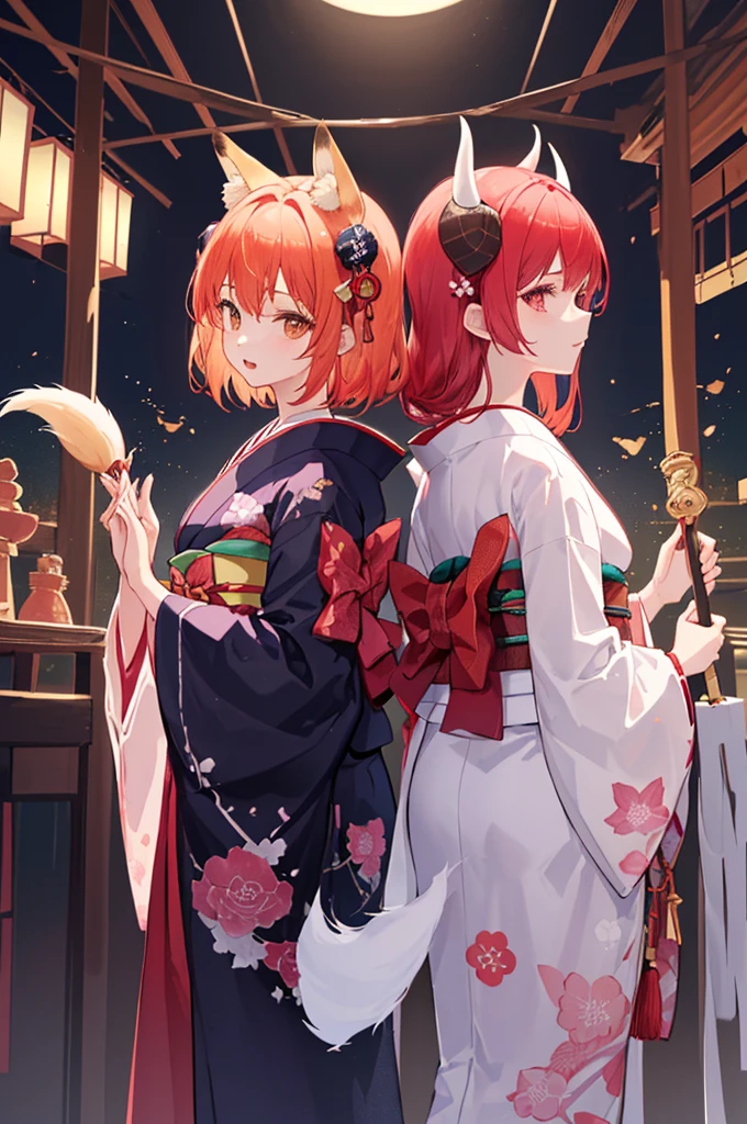 (One fox girl and one demon boy are standing Back to back),((A red-haired boy wearing Japanese armor and holding a club, with demon horns, standing in front on the left 1.4))、((A girl standing to the right in the back is wearing a kimono with simple patterns, fox ears and fox-colored hair, and is holding her palms out with the bases of her thumbs together..4))、shrine、Back to back 1.4、