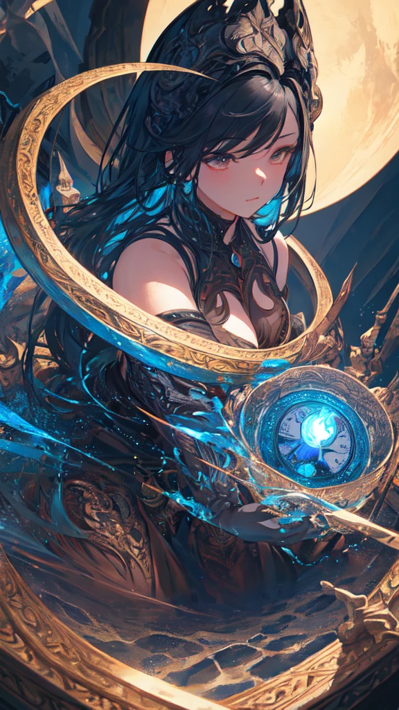 (masterpiece, Highest quality, Very detailed, Best Shadow), (Detailed Background,Dark fantasy), (Beautifully detailed landscapes), High Contrast, (Best lighting, Very delicate and beautiful), ((Cinematic Light)), colorful, Hyper Detail, Dramatic Light, Intricate details, Dynamic Angle), Black light swirling around, Depth of written boundary,black light particles,(Broken glass),magic circle,water,huge clocks,zero,the sun and the moon,Landscape only,There are no people,Watch Center,A clock sinking in water,Blue glowing light,Huge tower and city,Landscape,青く輝く光,天の川