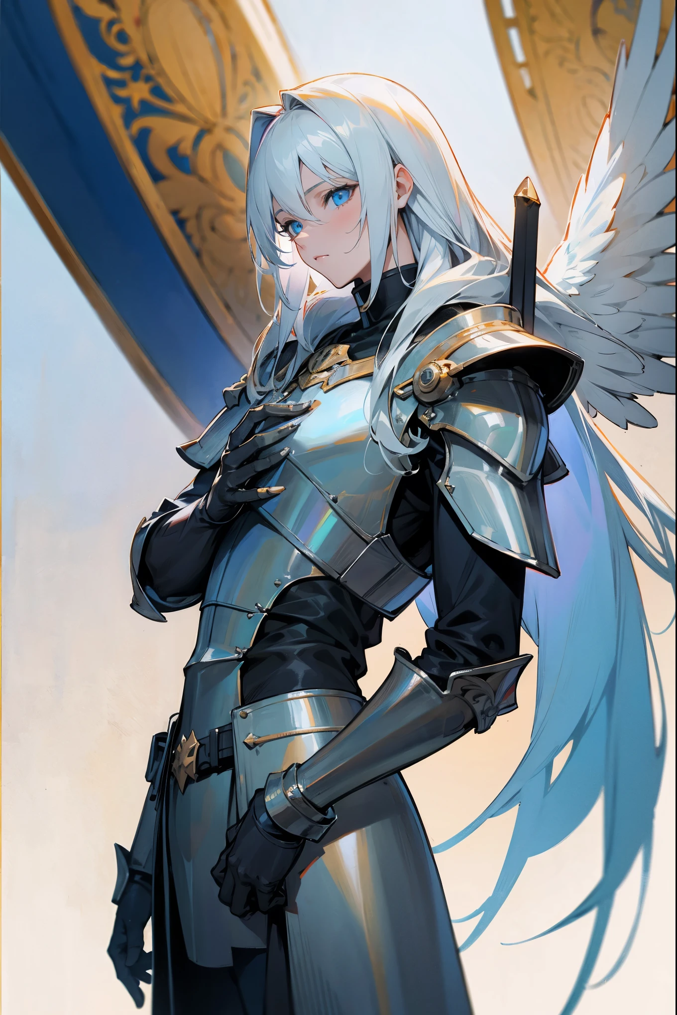 Knight Angel, boy, and shiny skin, neutral person, white crusader armor, brilliant straight beautiful platinum blonde, super long straight silky hair, Eyeliner, yellow shoulder pads, sword on belt, large beautiful bright blue eyes high definition, красивый и милый boy, Best quality, high detail, masterpiece