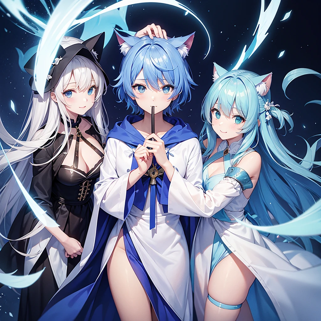 A three-headed witch wearing a white robe and a blue cloak, Holds a blue crescent-shaped wand, has blue hair, cat ears, and green eyes