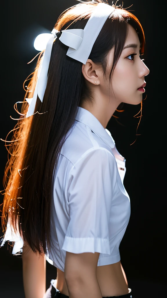 (Realistic: 1.4), Highest quality, Very delicate and beautiful, High resolution, Beautiful lighting, ((Nothing shows up on a dark background))))), 1 girl, Tifa_Lockhart, Upper Body, Ahegao, Lower Breast, shoulder, belly button, (White shirt: 1.5), Black Hair, Long Hair, Elbow Bag, Beautiful and detailed red eyes, Face Light, From the side, (profile, close: 1.5), ( Leaning into the anime-like yet Realistic darkness of adulthood.), (Arms tied behind your back'return), (Set location), (Upper Body), (shout, fear, Are crying: 1.4), (Kiss the camera), (Feeling uncomfortable, Open your mouth to the limit, :1.5), (heavy tears, tears), (look up), (Looking overhead), Wet Eye Makeup, Perfect Face, (Highly detailed eyes, nose mouth, tongue), (Begging for forgiveness), (( Large amount of white translucent viscous liquid splashing, The skin is wet)), Lots of drooling