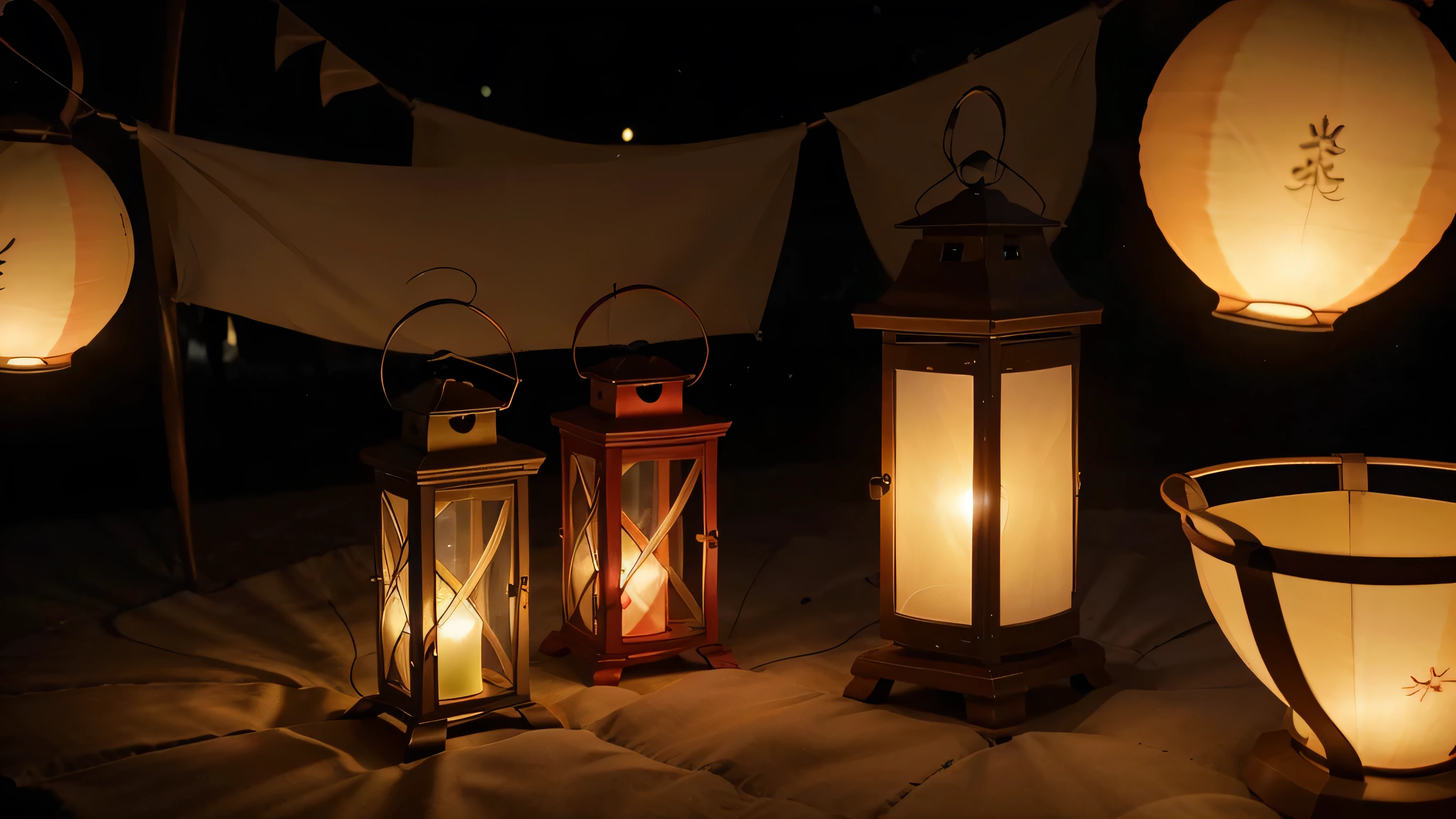 Design an image showing a night scene with illuminated lanterns (pelita) and small flags. The lanterns should have a soft glow, casting warm light against a dark background. Incorporate red and white flags fluttering gently in the wind, with the background blending from deep red at the top to white at the bottom. The image should evoke a sense of celebration and warmth