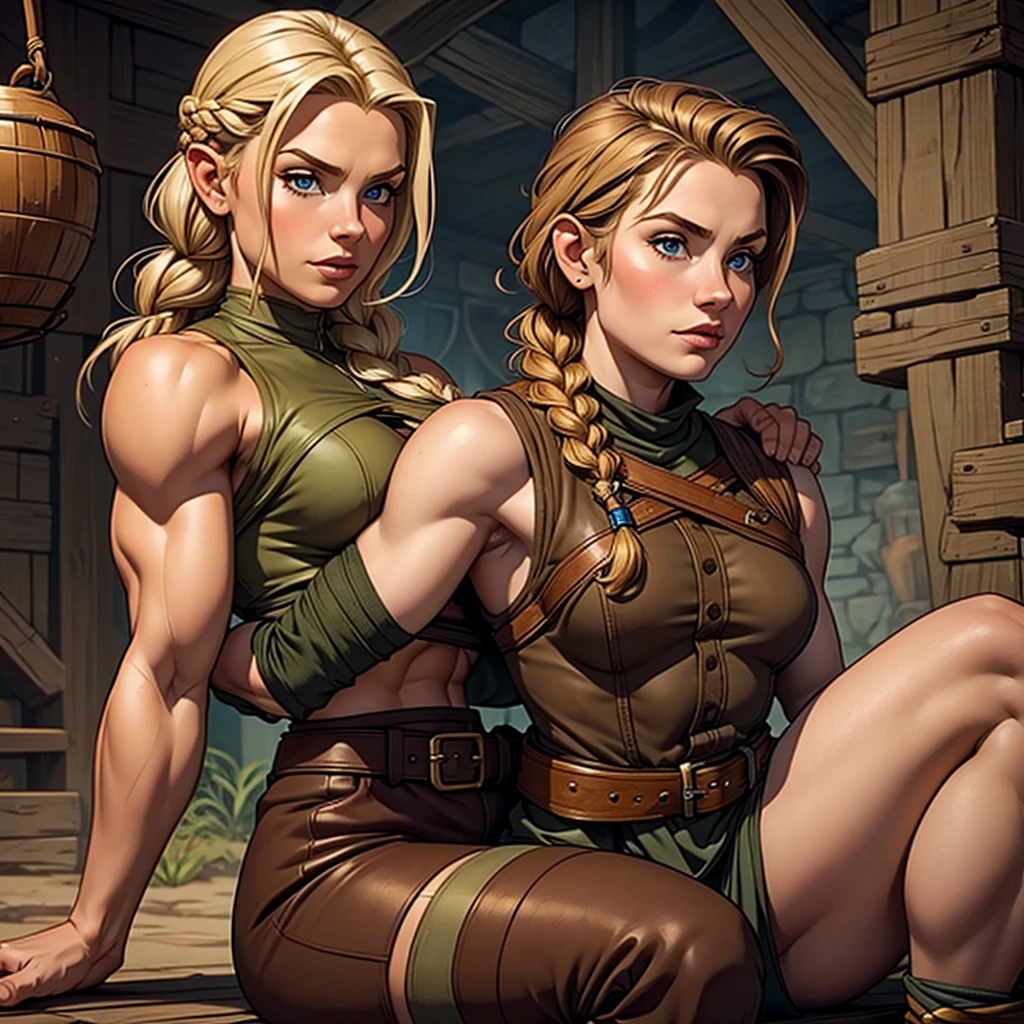 Small halfling female with short brown hair sitting on the shoulders of a muscular woman with blonde braided hair.