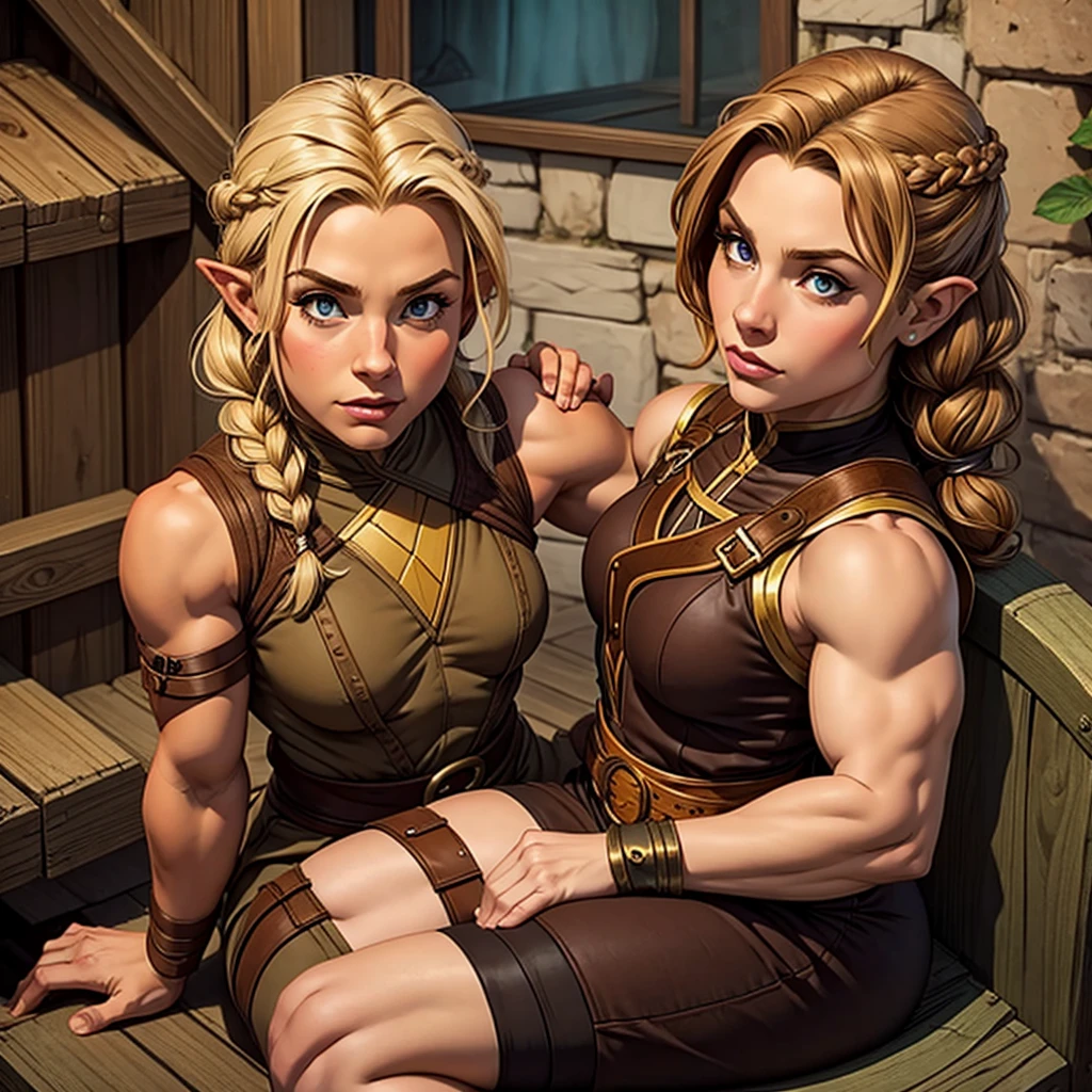 Small halfling female with short brown hair sitting on the shoulders of a muscular woman with blonde braided hair.
