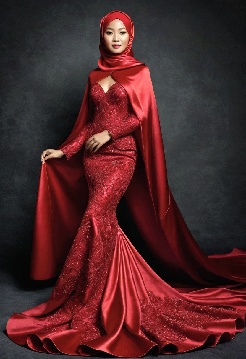 A indonesian women,Captivating, elegant woman is engendered in a cascade of four-meter-long, ruby-red, plush satin fabric. The material clings tightly to her figure, spreading out into a pooled train at her feet, mimicking a mermaid's tail. A satin hijab cloaks her head, revealing only a hint of her upper body. This full-body portrait radiates a mythical sophistication. Wrapped, eth