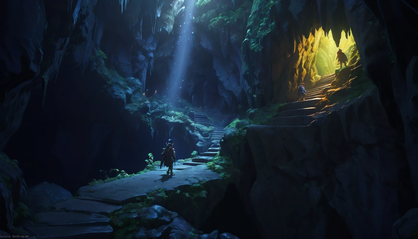 (anime, Fantasy, cave), (Detailed CG Unity 8K wallpapers, masterpiece, Highest quality, Very detailed, High resolution:1.2), Complex, Vibrant colors, Mysterious atmosphere, cave, stalagmites, Stalactites, Goblin Liar, dirty cave, Small tunnel, Isolated tunnel, Dark tunnel: 1.5