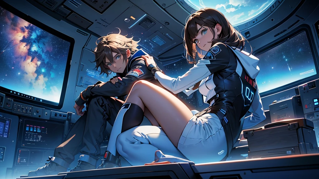 Girl and boy brown hair, sitting juntos, Inside a spaceship, in front of the Control Panel. In the background a view of space with large meteorites, large rocks crossing near the ship, Maximum quality、animated landscape、Xin Haichen、building、camp,(zoom out:1.1),、ALLOWED、de la Maximum quality、masterpiece、cloud、showy、cielo lleno de rocas masterpiece, Best Quality, awesome face, symmetrical light eyes, detailed eyes and face, detailed body, shiny skin, detailed skin, sitting, s sitting, angle from side, rear angle