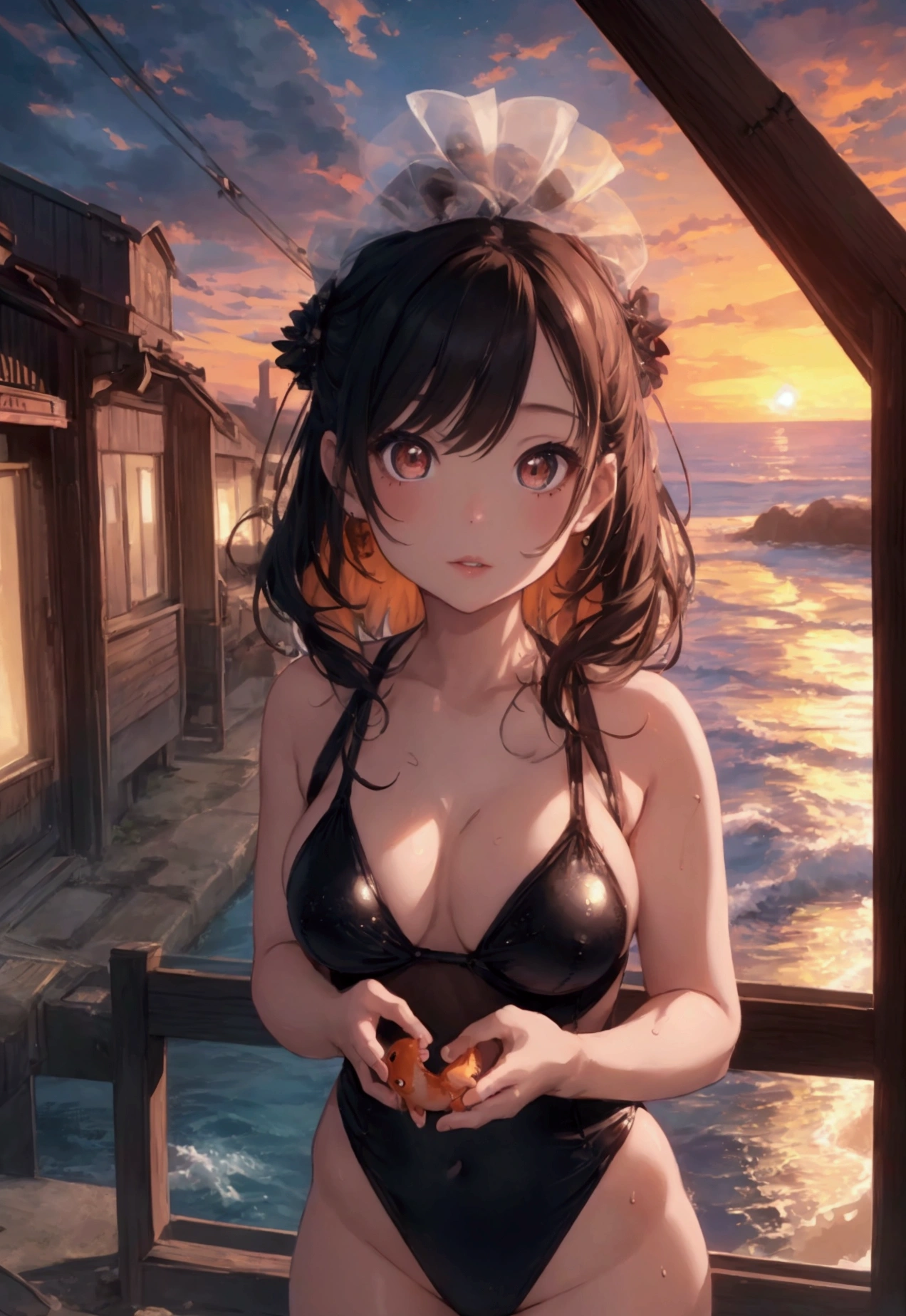 1girl, beautiful detailed eyes, beautiful detailed lips, extremely detailed face, detailed sunset ocean coastline, abandoned railway tracks and crossing, giant goldfish swimming in the air, girl in swimsuit, 8k, illustration, pixiv prize winner, creative, colorful, cinematic lighting, dramatic composition, detailed background, vivid colors, photorealistic, best quality, 4k, highres, masterpiece:1.2, ultra-detailed, realistic:1.37, HDR, UHD, studio lighting, ultra-fine painting, sharp focus, physically-based rendering, extreme detail description, professional