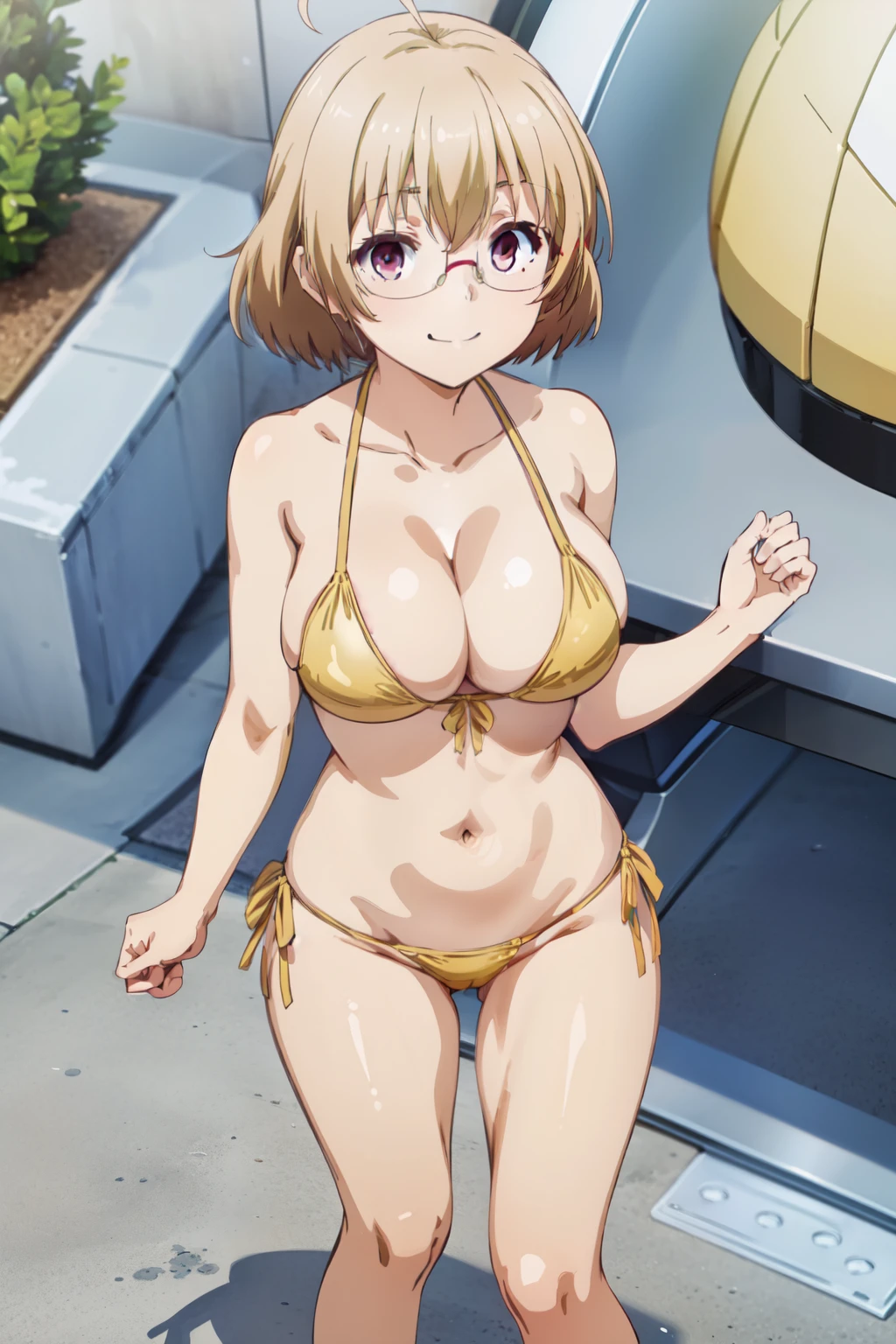 (((pixel-perfect, detail-perfect))), solo, 1girl, kagami kusakabe, , looking at viewer, smile, big_breast, full_body, yellow_bikini
