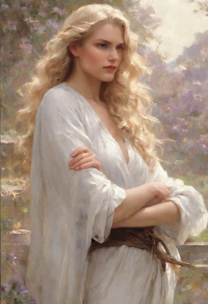 wavy blond hair: Her blonde hair falls in soft waves over her shoulders., shining in the moonlight.
Light Purple Eyes: Your eyes are like amethysts, reflecting the determination and courage that drive her.
White and Immaculate Skin: your skin is pale, almost translucent, as if she belonged to another world.
small and red nose: A delicate, slightly upturned nose, always alert for any sign of danger.
rosy cheeks: The cold of the night doesn't affect her; your cheeks remain flushed and alive.
Friendly Smile and Full Lips: Quando sorri, your lips gently curve, revealing a warm personality.
Rosto Angelical: Your face is balanced and harmonious, with features that seem sculpted by a divine artist.
Slim and Elegant Body: Isabella is agile and fast, with muscles sculpted by the constant fight against the creatures of darkness.
White Clothing with Opening in the Front: She wears a white robe, with an opening at the front that allows agile movements. A long white skirt flows around her as she moves.