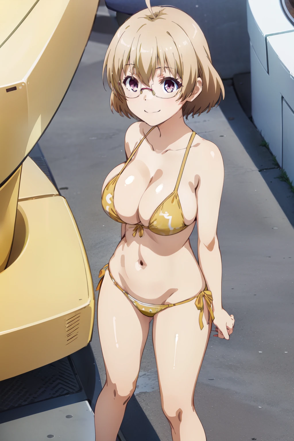 (((pixel-perfect, detail-perfect))), solo, 1girl, kagami kusakabe, , looking at viewer, smile, big_breast, full_body, yellow_bikini