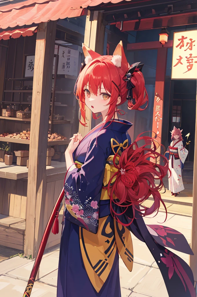 (One fox girl and one demon boy are standing Back to back),((A red-haired warrior boy wearing Japanese armor and holding a club, standing in front on the left..4))、Demon horn boy 1.3、((A girl standing to the right in the back is wearing a kimono with simple patterns, fox ears and fox-colored hair, and is holding her palms out with the bases of her thumbs together..4))、shrine、Back to back 1.4、