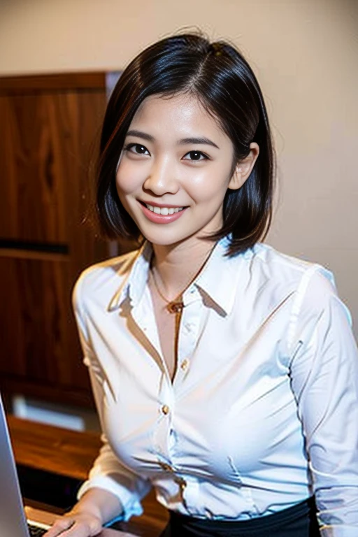 (A beautiful Japanese office lady, age 28, chatting with her favourite AI on a laptop, wearing formal White shirt with buttons & black pencil skirt,
Friendly and feminine expressions, kind smile, dimpled cheeks, cute snaggle-tooth, symmetrical face, realistic detailed face, beautiful detailed facial features, beautiful detailed eyes, natural lips, short bob hair, short ponytail, perfect body proportions, perfect body anatomy, ample round bosoms,
photorealistic, hyper-realism, high contrast, ultra HD, realistic skin textures, top image quality, top-quality, super high resolution, fine details, very meticulously, masterpiece, head to knees, serene ambience, High Angle Shot, cowboy shot, night bokeh background, SFW)