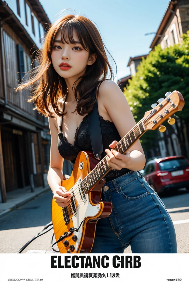 非常にdetailedな, high quality, High resolution, High resolution, Actual photo. Redhead medium hair woman, Bend your body, (holding an electric guitar with both hands), Crouched down and looking down, (Ultra Wide Angle), (Low - Angle), Zoom out, From afar) (There are many long cords lying on the ground), Backlight, Looking up from the ground, Half silhouette, (A bunch of guitar chords on half the screen), Zoom in on long guitar chords, detailed. Realistic music video poster.