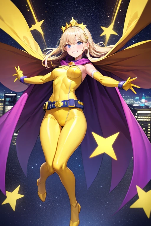 ((best quality)), ((masterpiece)), (detailed), 1 girl, Full body, 19 years old, Smiling face, Blue eyes, Star-shaped tiara, Arms outstretched, Arms behind waist, Blue superhero mask, Blushing, Blonde hair, Straight hair, Long hair, Bangs, Hair ornaments, Star hair ornaments, Full body, Medium breasts, Slim body, Hands with yellow stars, Yellow wristbands, Long yellow gloves, Purple gloves, Purple gloves, Superhero costume, Superheroes, Yellow leotard suit, With a big yellow star in the center, Star emblem, Somewhat tight, Long yellow cape on waist, Red belt, Purple legs, Purple pantyhose, Flying, City background, Anime