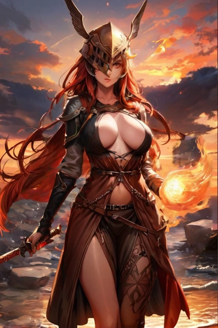 lightning coming out of the eye, sword crossing the screen breaking the fourth wall, left hand holding a fire spell