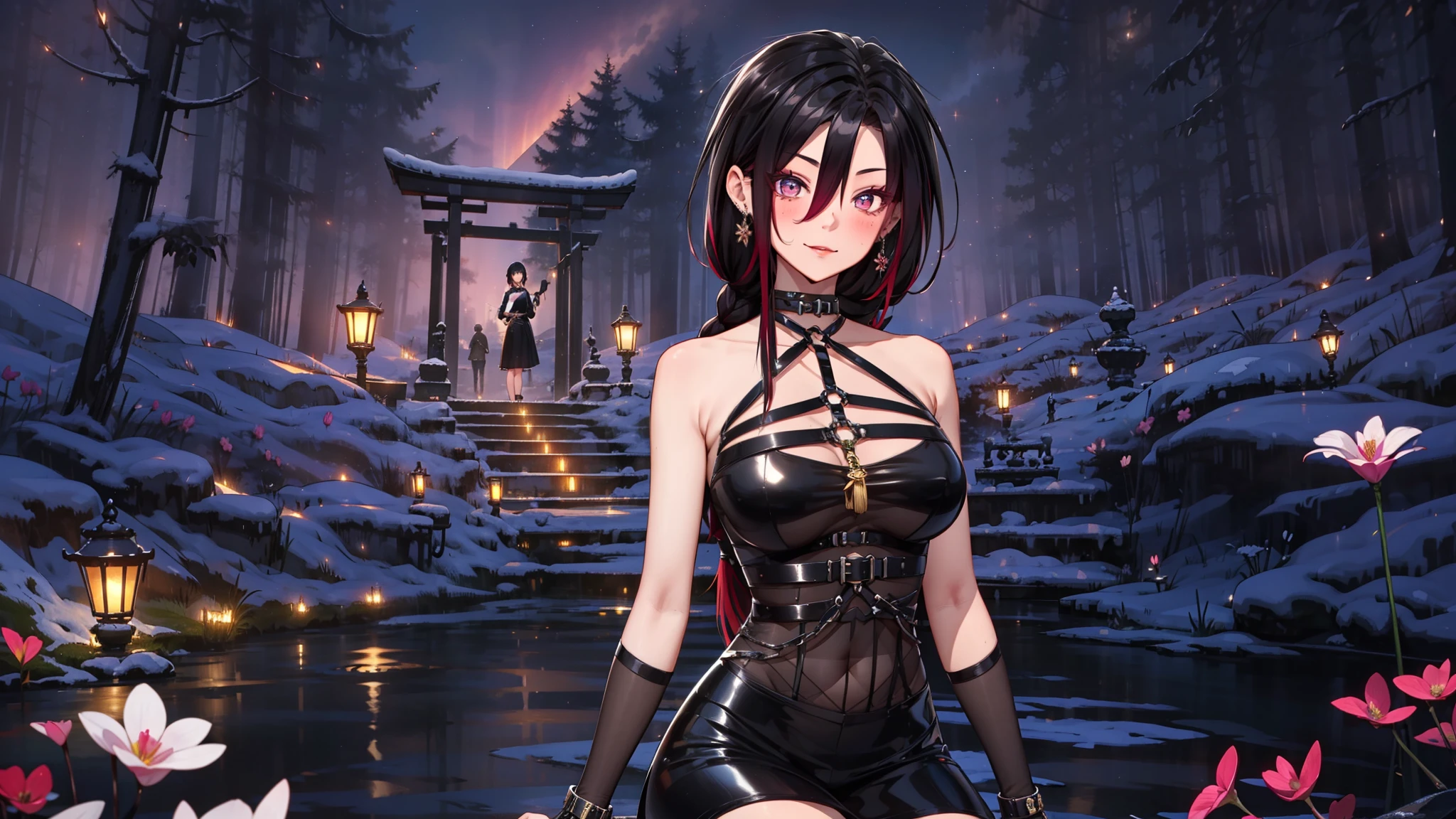 solo , solo girl, 1 girl, perfect anatomy, maximum sharpness, high definition, UHD, beautiful, marika, queen marika, black dress, low neckline, long braid, hair braid, cyclamen hair, cyclamen eyes, detailed eyes, beautiful eyes, chest, one piece dress, sexy, sensual, no natural light, night, night, dark night, seductive, smiling, moss, glowing flowers, kneeling in the grass, magnolia tree, red magnolia tree, ruins,
equinox,Magnólia, swallow,Traditional Chinese architecture,A woman in Hanfu standing next to a flower,Characters and Landscapes