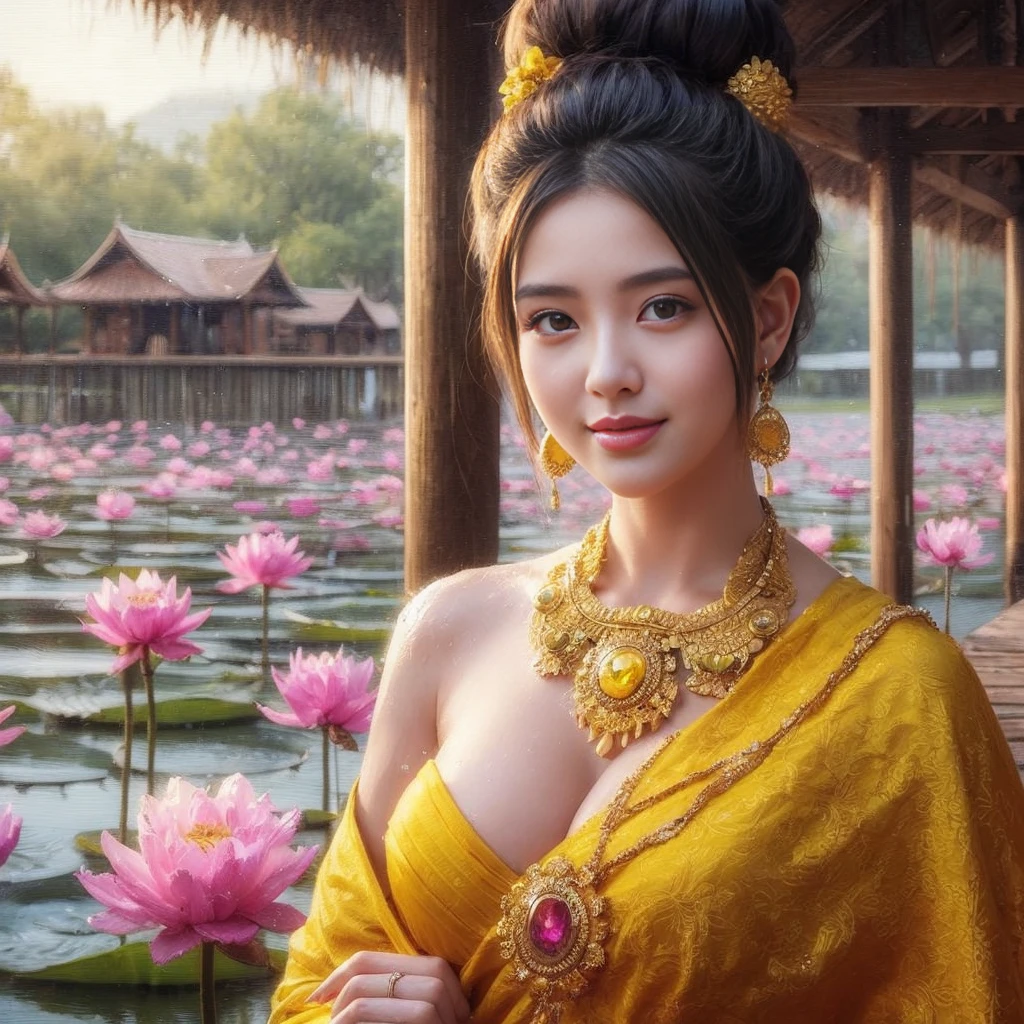 RAW, Best quality, high resolution, masterpiece: 1.3), beautiful Arabian woman, Masterpiece, rain, perfect wet soaked body, wet clothes, (huge breasts:1.3), cleavage cutout, open breast, black chignon hair, open stand, realistic, dark hairy pussy, Soft smile, thick thighs, she is about 20 years old, pale white skin, wearing a sexy red sarong short dress, ((whole body)) turning away facial at viewer, closeup, heavy mountains, misty, fog, woman standing in the waterfall,