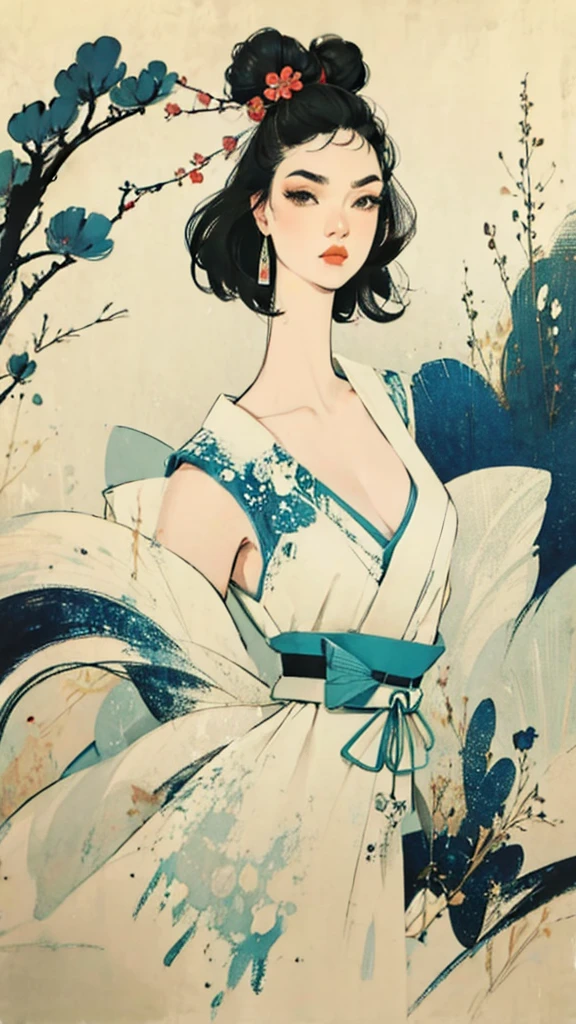 Vintage Print Design (White background:1.2)、Upper Body、Retro silhouette drawing of a Japanese female model、Dynamic pose、Colored ink pop art black background、delicate、filigrams、Centered、Intricate details、Illustration Style、Katsushika Hokusai Style、Traditional Chinese ink sketch