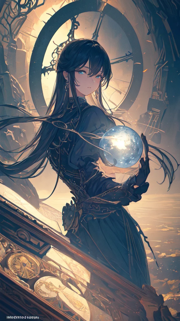 (masterpiece, Highest quality, Very detailed, Best Shadow), (Detailed Background,Dark fantasy), (Beautifully detailed landscapes), High Contrast, (Best lighting, Very delicate and beautiful), ((Cinematic Light)), colorful, Hyper Detail, Dramatic Light, Intricate details, Dynamic Angle), Black light swirling around, Depth of written boundary,black light particles,(Broken glass),magic circle,water,huge clocks,zero,the sun and the moon,Landscape only,There are no people,Watch Center,A clock sinking in water,Blue glowing light,Huge tower and city,Landscape,青く輝く光,天の川