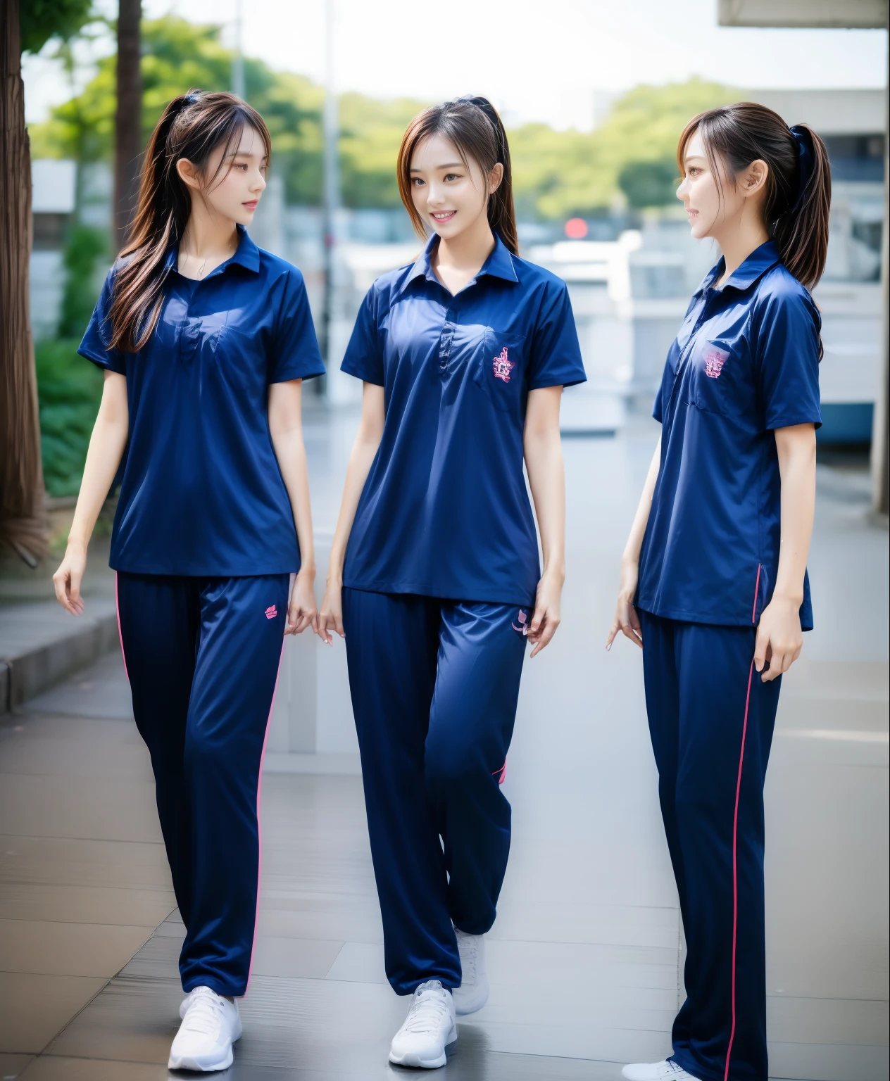3 girls in fitness center, Navy blue short-sleeved shirt,Navy Long Trackpant,Sweatpants, Sweatpantsขายาว,25 year old girl, lesbian, sexy, exercise clothes, wet body, exercise clothes