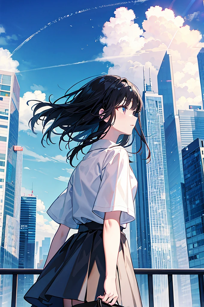 skyscraper、One woman in the center、Black Hair、Facing away、Looking up at the sky、head wind、fighting spirit、decision、Fine details、Strong sunlight