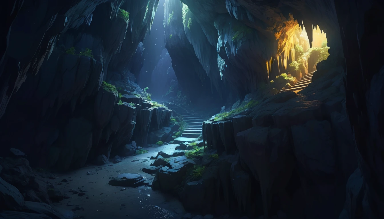 (anime, Fantasy, cave), (Detailed CG Unity 8K wallpapers, masterpiece, Highest quality, Very detailed, High resolution:1.2), Complex, Vibrant colors, Mysterious atmosphere, cave, stalagmites, Stalactites, , dirty cave, Small tunnel, Isolated tunnel, Dark tunnel: 1.5