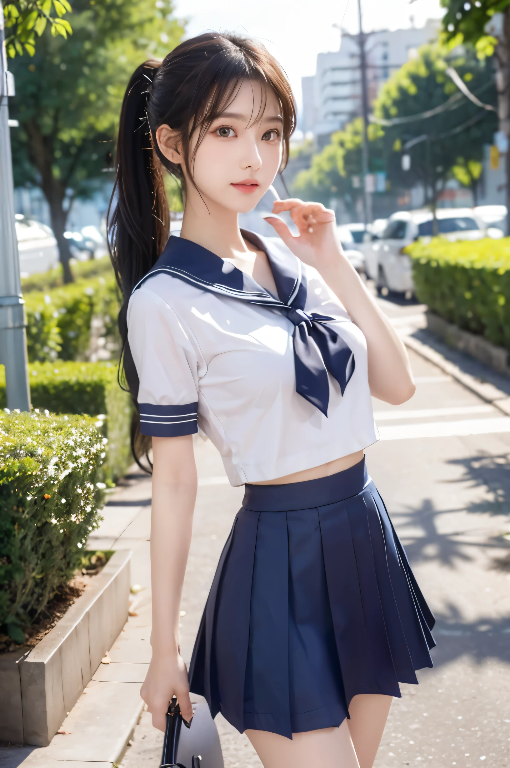 (Ultra HD), (Short-sleeved sailor uniform, Navy blue mini skirt), Big Breasts, slender, Narrow waist, whole body, Standing posture, (Clean and shiny skin, Whitening, No makeup), (Super slim face, Super beautiful face), (ponytail, Layered Cut, Fluffy hair), (double eyelid, Slanted Eyes), Small Nose, Thin lips, Thin legs, In front of the school gate, evening