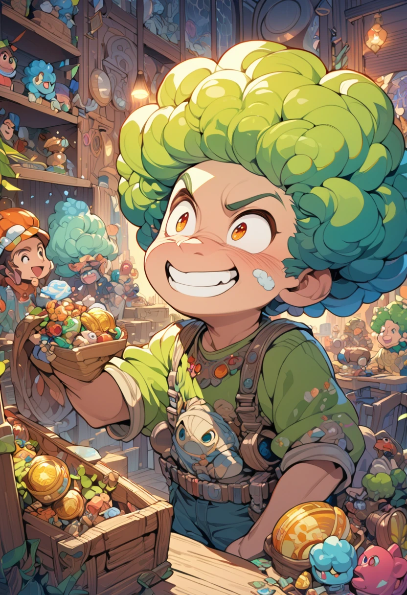 digital illustration, cartoon character, man with large green afro, holding a treasure chest, exaggerated facial features, humorous expression, detailed, colorful, vibrant colors, highly detailed, fun, whimsical, animated style, (masterpiece: 2), best quality, ultra highres, original, extremely detailed, perfect lighting