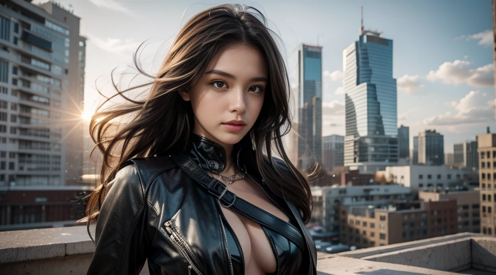 ((masterpiece, best quality, Highest image quality, high resolution, Reality, RAW photos, 8K)), Future city ruins，Girl standing on the roof，Tight leather jacket，Off-shoulder，Large Breasts，Long hair，Pretty face，Closed mouth，dramatic，Mid-range portrait，（midnight）