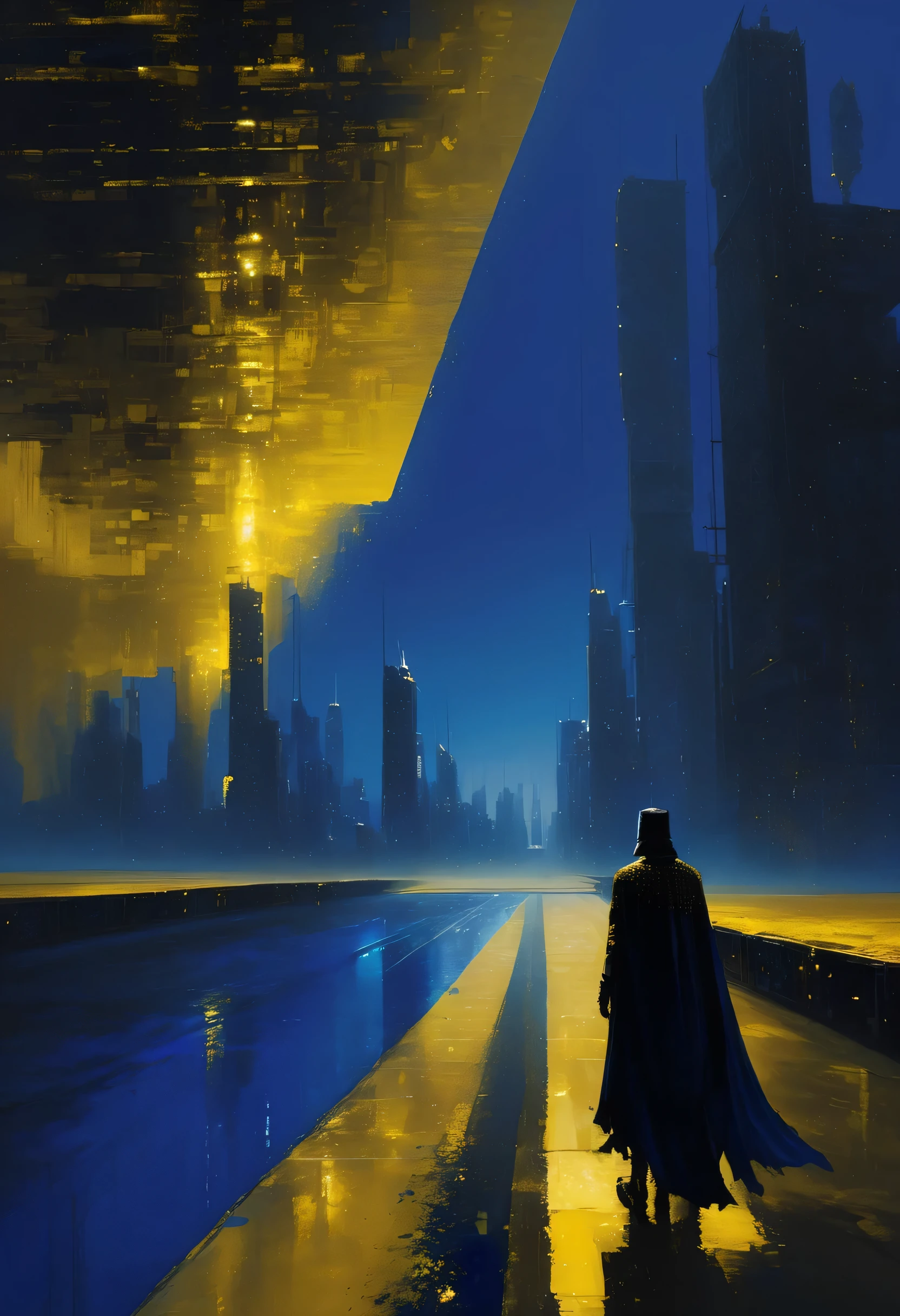 Pixelart por Jeremy Mann, Man in black cape in yellow desert walking arriving in a big city at night, shades of dark royal blue in the majority and small details in dark yellow and gold, 4D high relief texture painting, 8k, 4D, futuristic, water tank in the background, ornate desert, aerial view, view from far away, photorealism, abstract impressionism