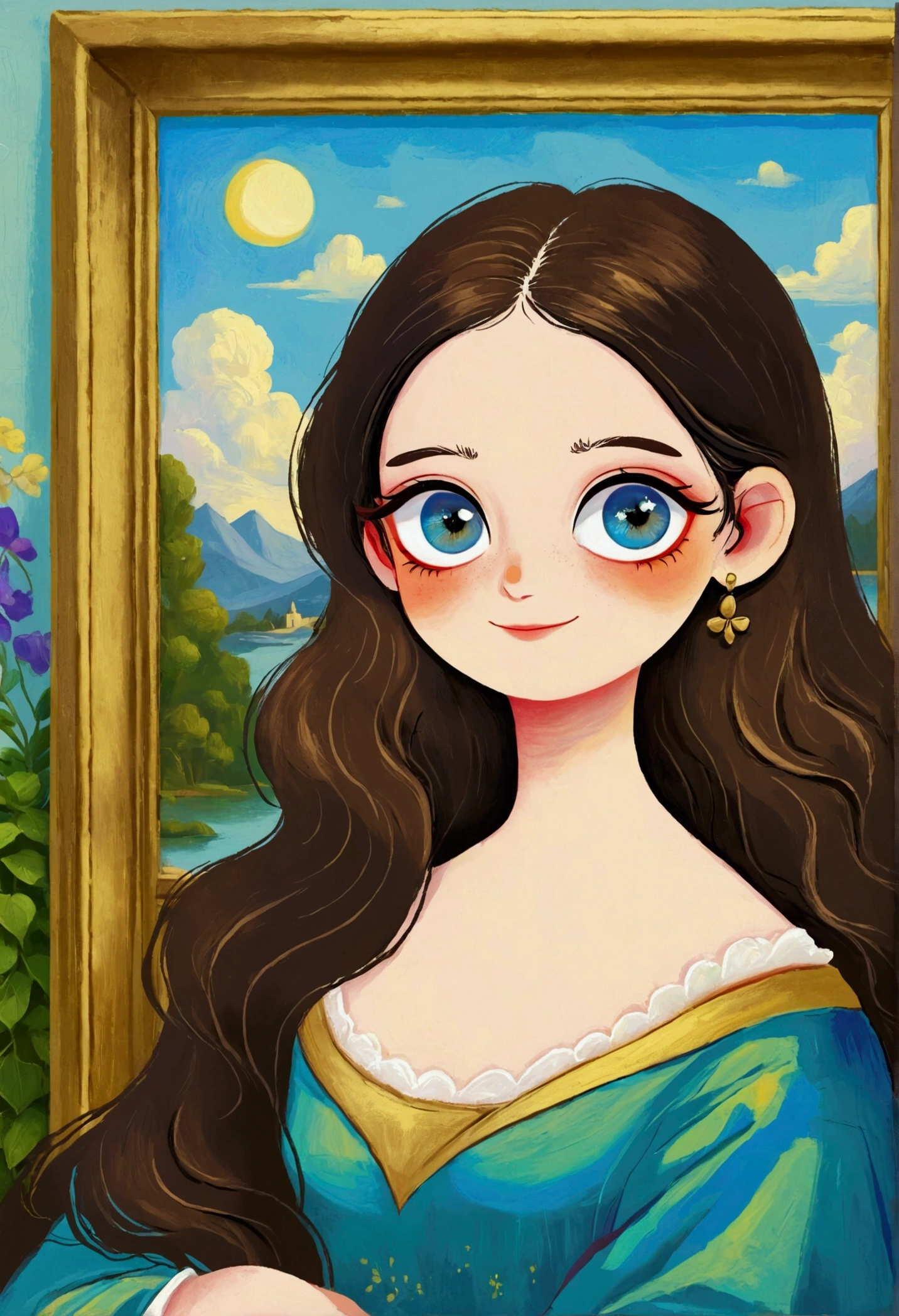 A painting,Pastel Art。Q version,Mona Lisa's Smile,big eyes