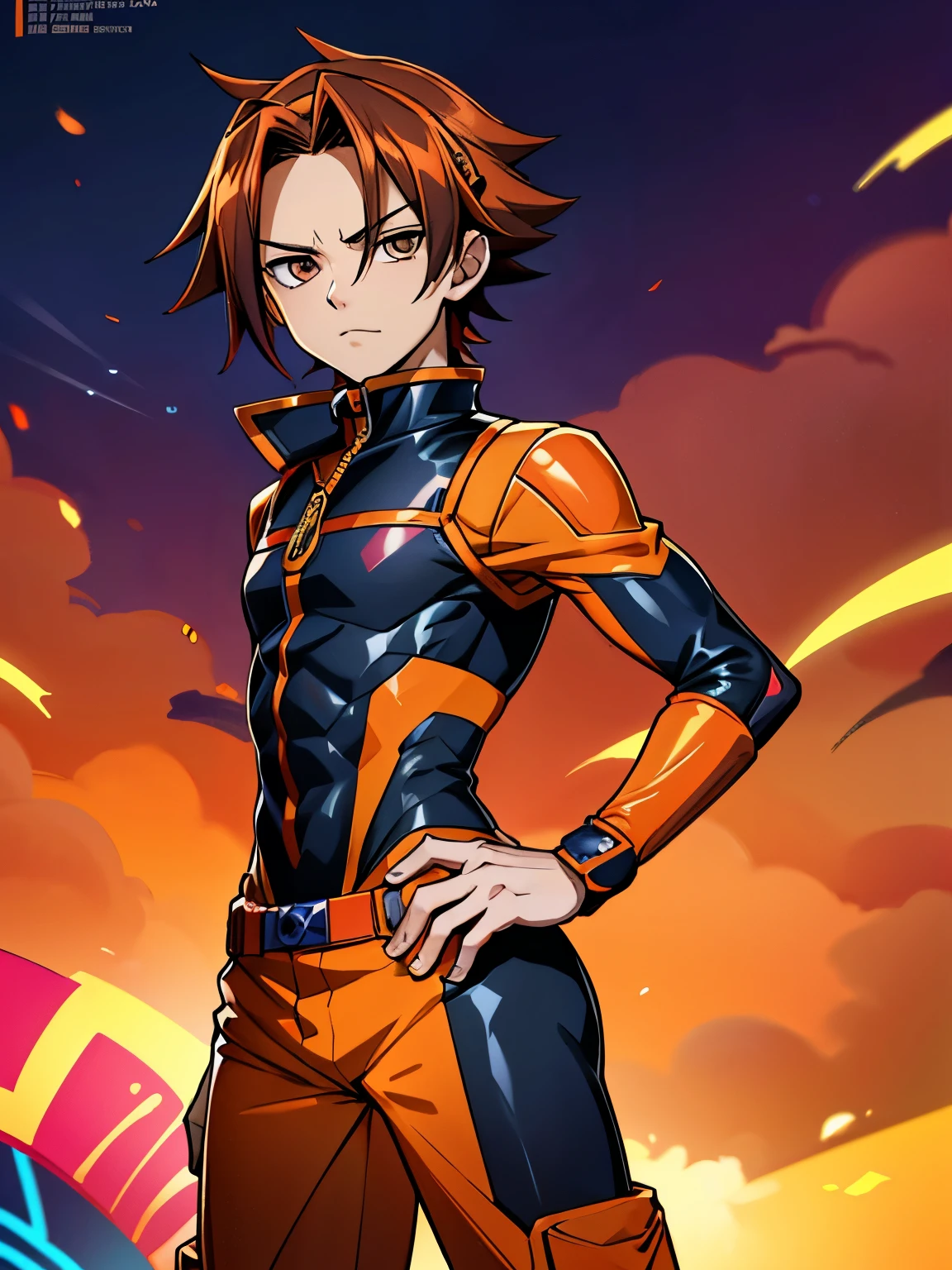 Gender: male
Eye color: orange
Physical appearance: handsome,13 years old teenage boy,has a tube oxygen, 
Description: rebellious, artistic,power ranger style, and cynical.