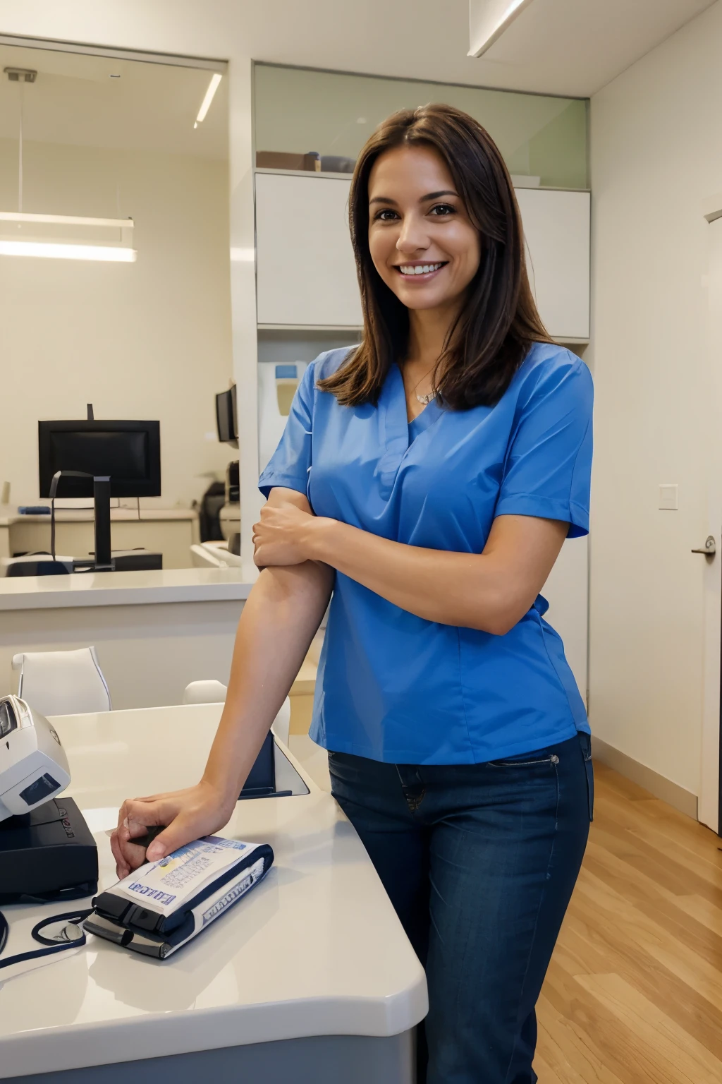 Create an advertising banner for a dental clinic, which conveys a feeling of reliability and high quality services. In the foreground is a smiling middle-aged woman with a perfect smile., standing in the light, modern clinic interior. Include items, such as a dental chair and various equipment in the background, hinting at advanced technology. The banner must have a slogan: &#39;Smile, worthy of you!&#39; at the top. Colors are calm, neutral tones with an emphasis on blue and white. Use an elegant sans serif font for text. masterpiece, Best quality, high detail, Anatomically correct, doctor, natural light, Focus on face, simple background