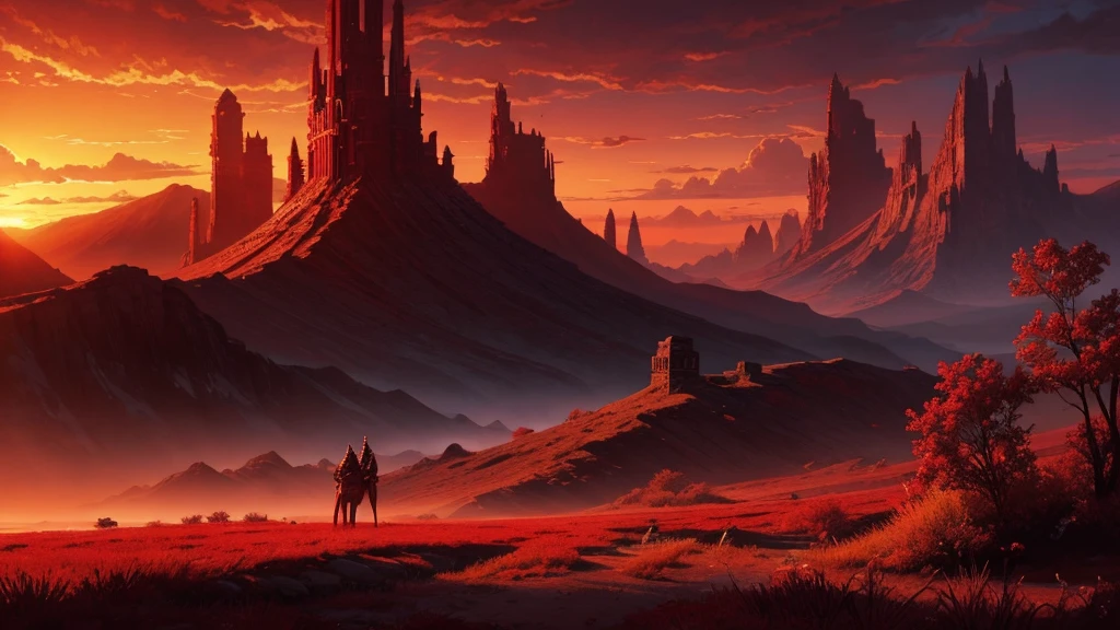 a crimson sunset dyeing the environment in shades of red (digital art, fantasy art, RPG art)