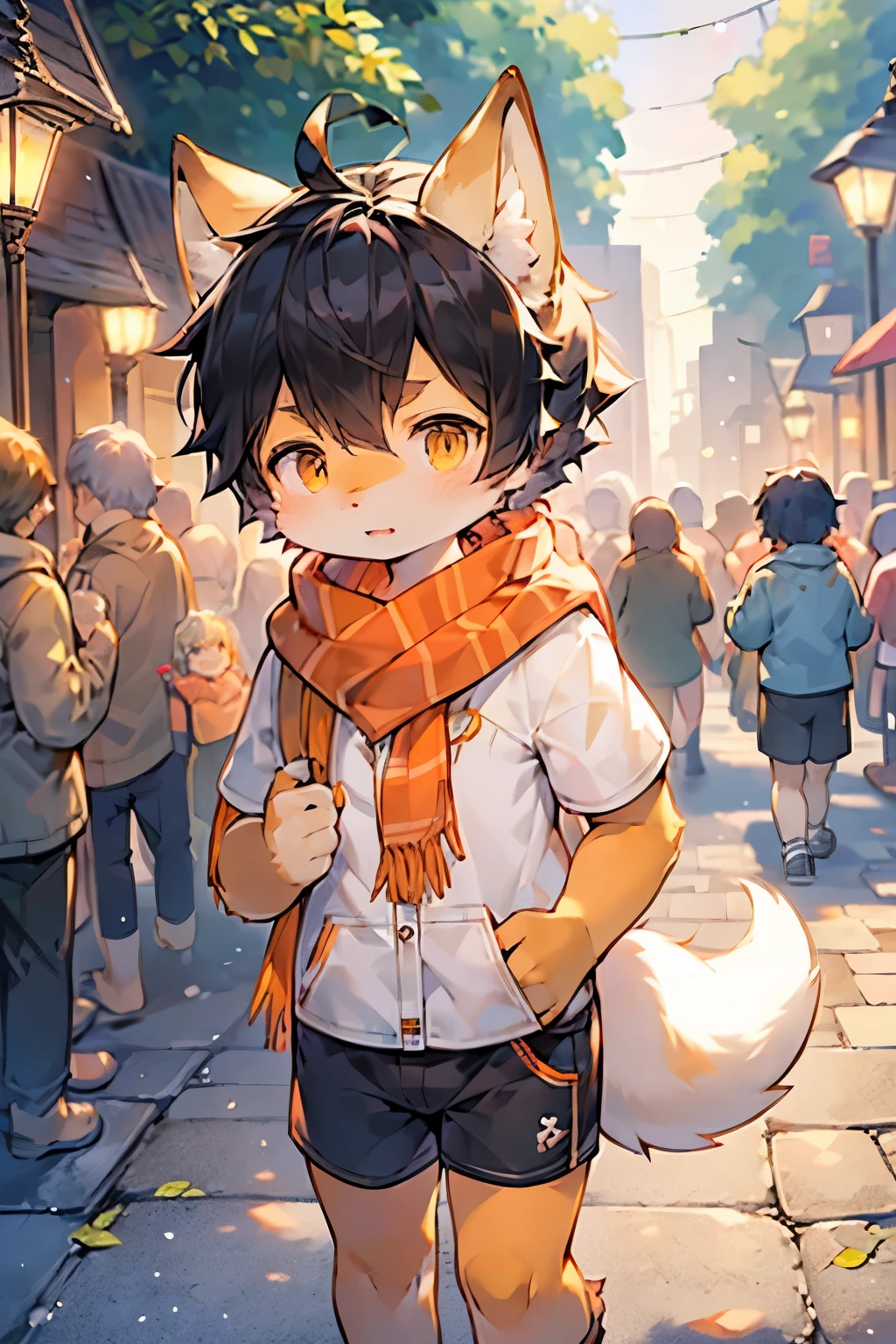 Fox Boy,Furry boys,Infant and child characteristics,White hair,Yellow skin,White Arm,scarf,shorts,Fox Girl,Furry girls,女Infant and child characteristics,Black hair,Black Arm,Orange Skin,scarf,Short skirt,Brothers and sisters,Eye contact,run,Town Park Background