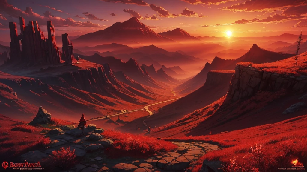 a crimson sunset dyeing the environment in shades of red (digital art, fantasy art, RPG art)
