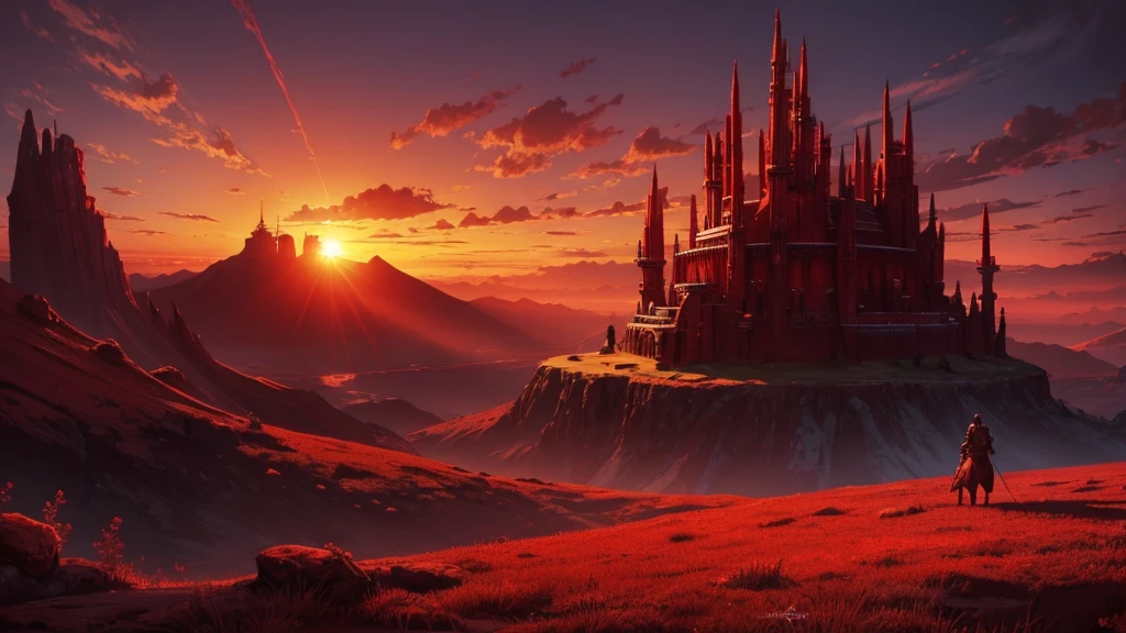 a crimson sunset dyeing the environment in shades of red (digital art, fantasy art, RPG art)
