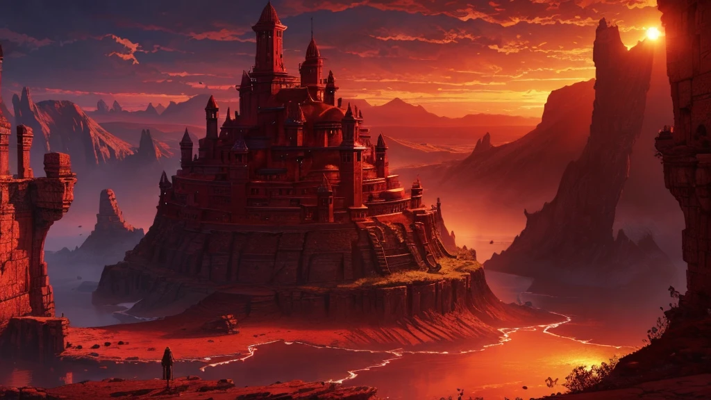 a crimson sunset dyeing the environment in shades of red (digital art, fantasy art, RPG art)