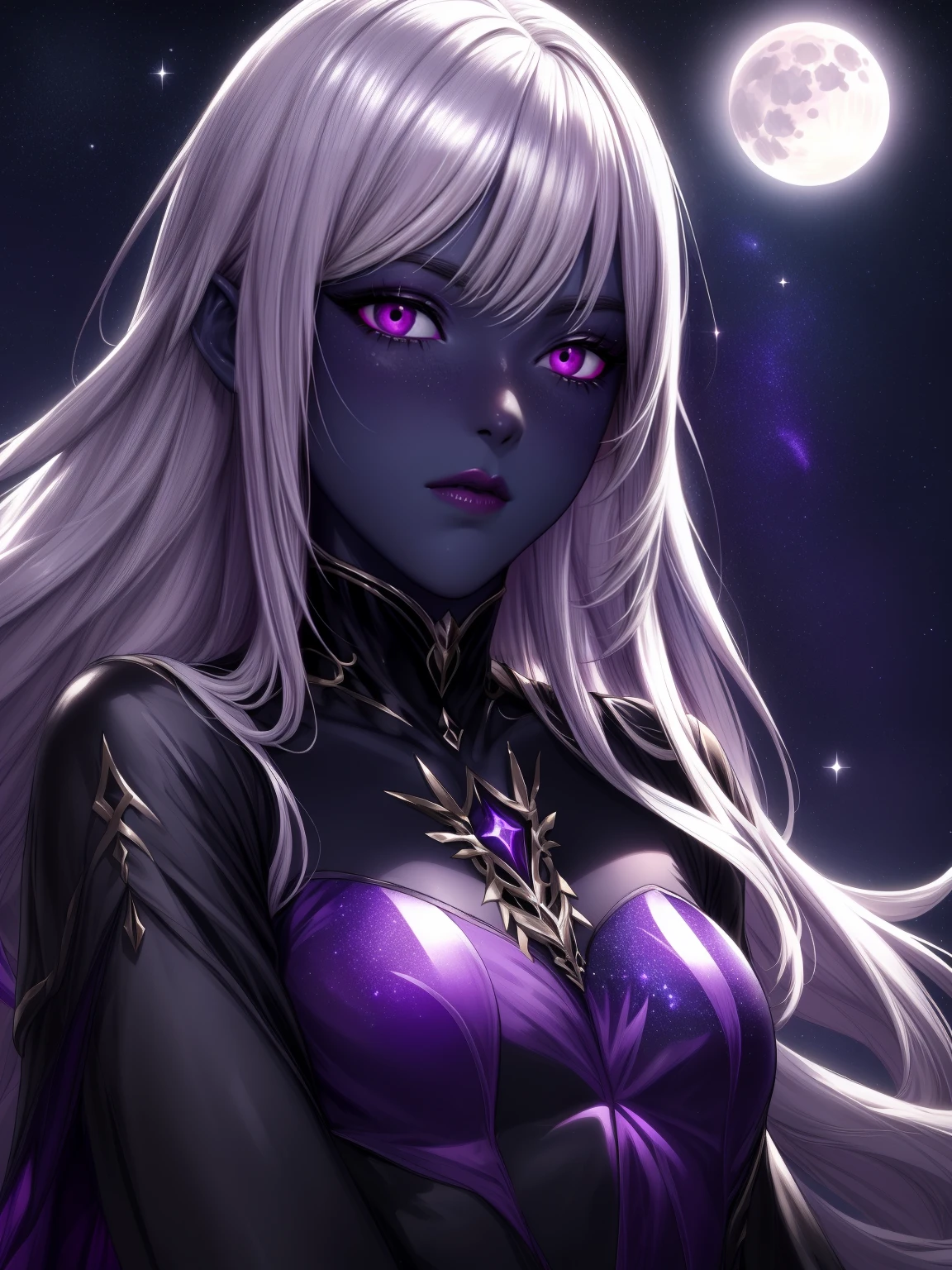 Aravos,  female version, black sclera, purple skin, white hair, long hair, (shiny, shiny hair, shiny skin, shiny eyes, purple aura:1.4), (stars, galaxy background, sky, moon), (man, boy, male:1.5), (Realistic:1.2), (masterpiece:1.2), (fullbody),(Cowchico-shot:1.2), dark romantic lighting, (highly detailed:1.2), (face detailed:1.2), (gradients ), Colorful, detailed eyes, (natural lighting:1.2), solo, medium breasts, sensual body