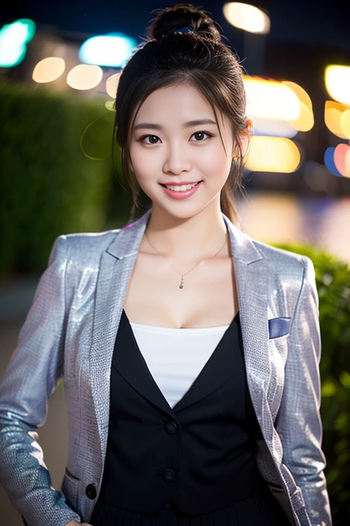 (a gorgeous lady, age 28, Formal Skirt Suit with Blouse, posing naturally under night sky, dimpled smile, short ponytail, cute snaggleteeth, ample round bosom, photorealistic, beautiful detailed eyes, hyper-realism, high contrast, ultra HD, realistic skin textures, top image quality, top-quality, super high resolution, fine details, very meticulously, bokeh background)