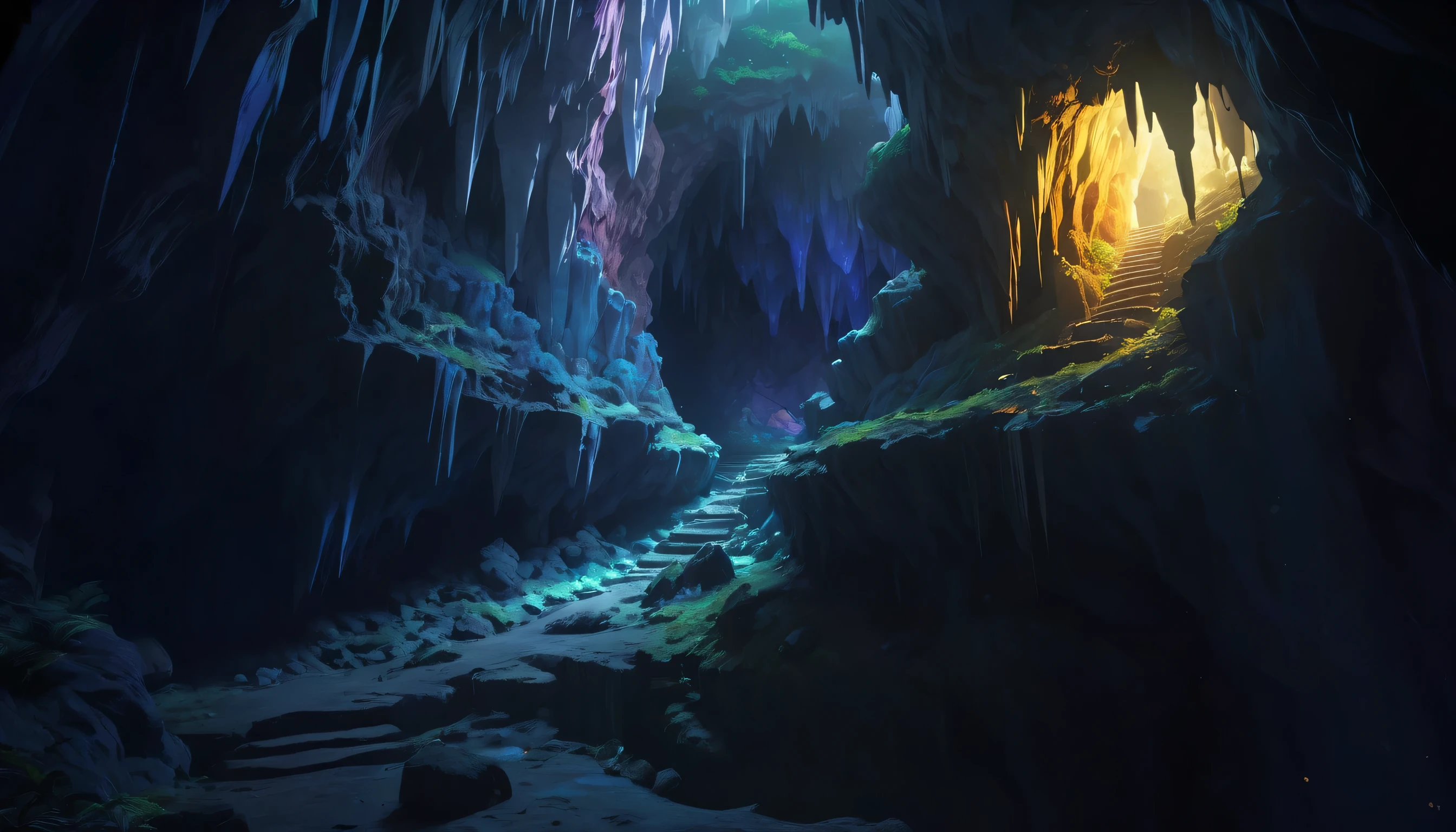 (anime, Fantasy, cave), (Detailed CG Unity 8K wallpapers, masterpiece, Highest quality, Very detailed, High resolution:1.2), Complex, Vibrant colors, Mysterious atmosphere, cave, stalagmites, Stalactites, , dirty cave, Small tunnel, Isolated tunnel, Dark tunnel: 1.5