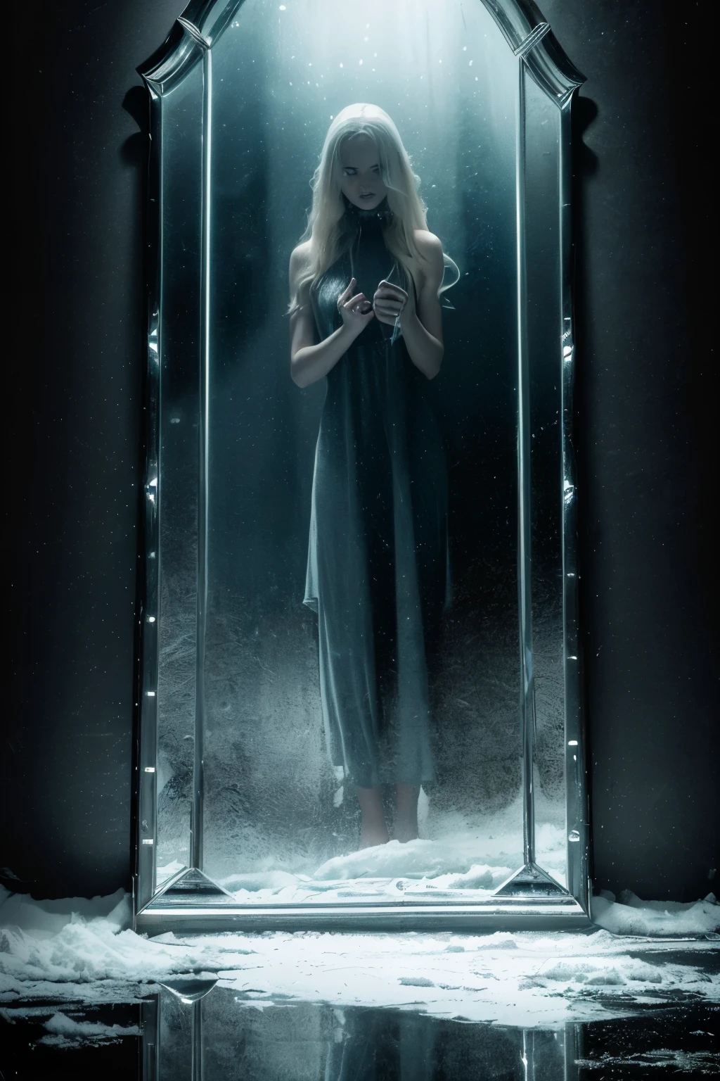 (8k, ultra-high resolution, photo-realistic:1.5), (supernatural, horror:1.2), highly detailed, 1 ghostly figure, solo, ominous, bathroom, mirror, ripples, unseen force, long blonde hair, disheveled, partially obscured, pale, ghostly, hollow eyes, otherworldly glow, sadness, anger, emptiness, old-fashioned dress, tattered, outdated era, shimmering cold mist, unnatural chill, room, chilling aura, reflection, horror, disbelief, overshadowed, ghostly presence, translucent hand, almost touching glass, tension, fear,