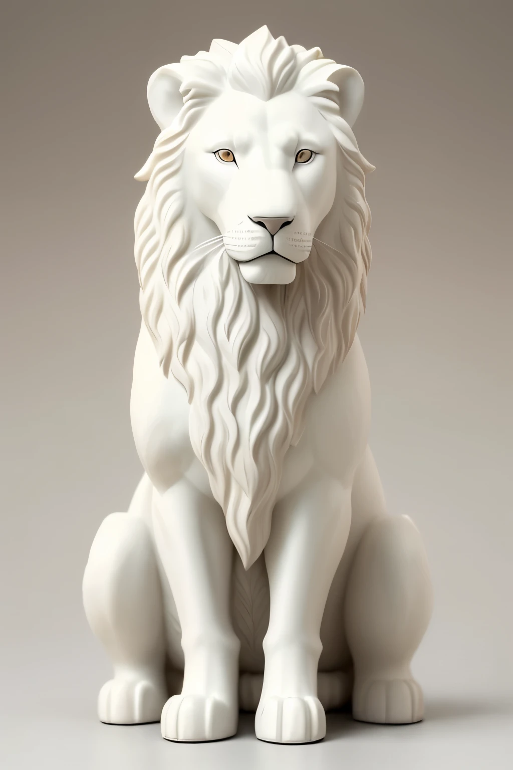 A lifelike porcelain statue of a thoughtful and brave little white dog, exuding an aura of gentle wisdom, is depicted with a lush, lion-like mane. The dog's coat is pristine white, while its mane is a rich, silvery-gold hue, reminiscent of a lion's majestic mane. The statue is set against a muted, grayish-beige background, creating a stark contrast that highlight the dog's delicate features. The overall mood is serene and thoughtful, as if the dog is deep in contemplation, much like its human counterpart, Aristotle. The intricate details of the statue, from the individual