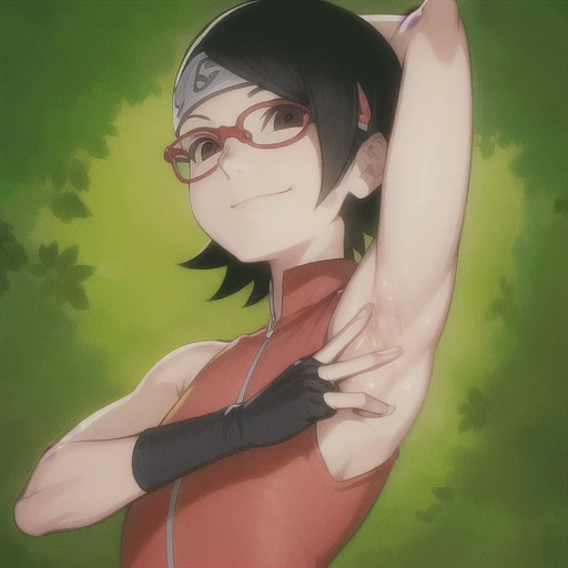 Sarada, forest,Alone,short hair,sweat,confused,(show off armpits,upper body:1.4),naughty smile, closed mouth,looking at the viewer, from below, Ultra detailed face, sunny day, DAY HOUR, top view of the body, animated style, Alone, Detailed start, looking at the viewer, thick arms, (bare shoulders, wide shoulders, smile, high, Hair clip, sharp look, sharp face, sharp eye, What time, armpits,arm up, raised arm, armpit, (from side, from below:1.4)




