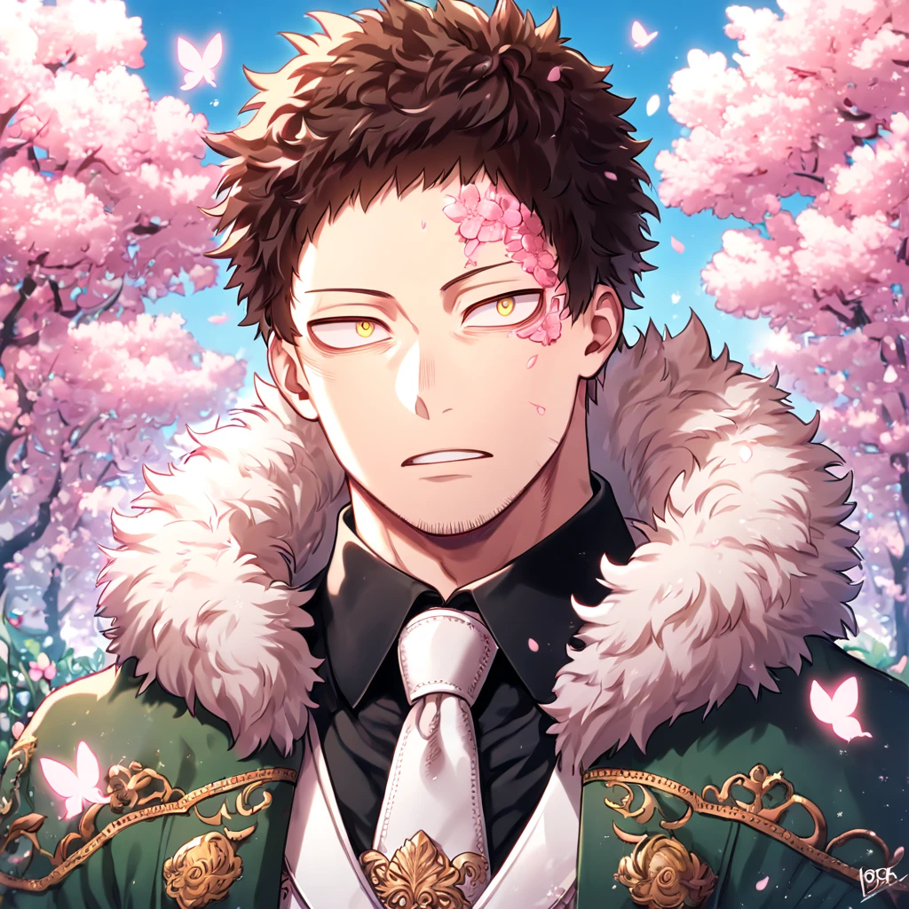 absurdres, highres, ultra detailed, HDR, master piece, best quality, extremely detailed face, delicated features, Overhaul, dark brown hair, short hair, short bangs, expressive yellow eyes, Boku No Hero Academia, solo, sexy man, handsome, mature face, manly man, dark green coat with fur collar, black shirt, white necktie, white gloves, white belt, fantasy, magical, pink butterflies, spring, pink leaves, pink flowers, blue sky, garden, cherry blossoms