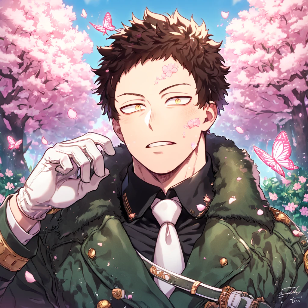 absurdres, highres, ultra detailed, HDR, master piece, best quality, extremely detailed face, delicated features, Overhaul, dark brown hair, short hair, short bangs, expressive yellow eyes, Boku No Hero Academia, solo, sexy man, handsome, mature face, manly man, dark green coat with fur collar, black shirt, white necktie, white gloves, white belt, fantasy, magical, pink butterflies, spring, pink leaves, pink flowers, blue sky, garden, cherry blossoms