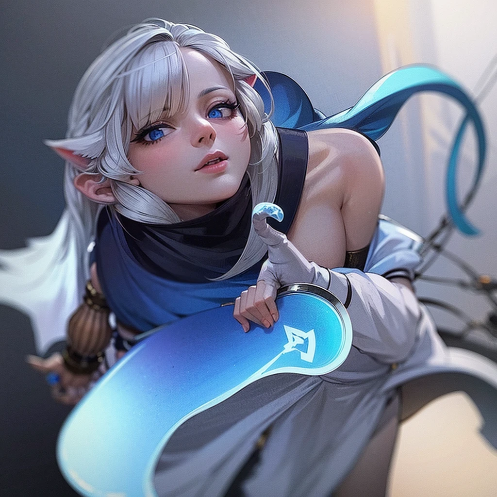 A witch in a white robe and a blue cloak, Holds a blue crescent-shaped staff,She has blue hair and cat ears,Blue eyes,Deformed illustration