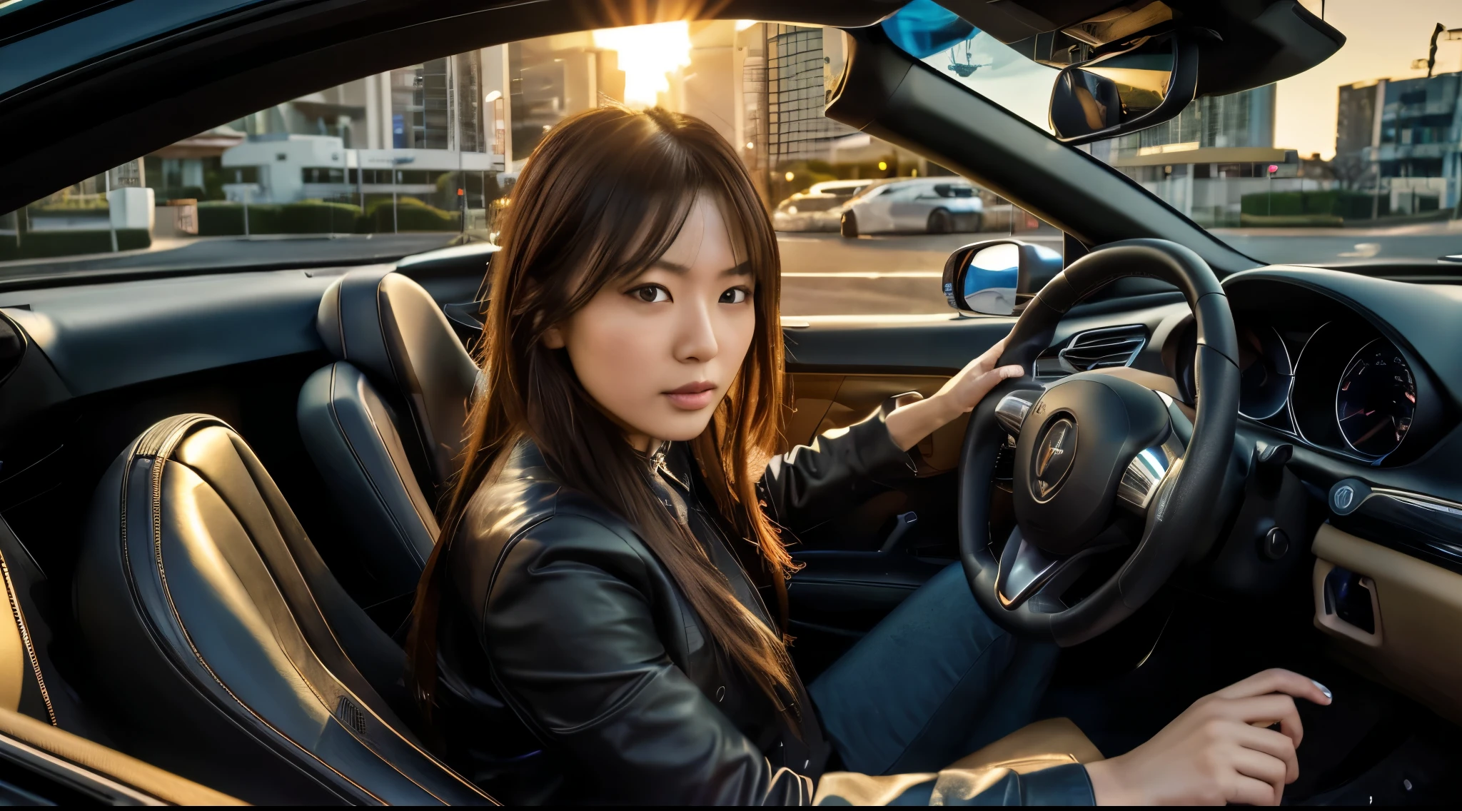 hyper realistic photography) (Ultra-detailed CG) photo of a Japanese girl drive a sleek and sophisticated sports car, her expression alive with adrenaline as she grips the steering wheel tightly. The scene captures the essence of urban magic hour, with dramatic golden sunlight illuminating the detailed interior and dashboard of the car. As she navigates the city streets, the sunset casts a warm glow, adding to the intensity of the moment. hands & fingers anatomically correct
