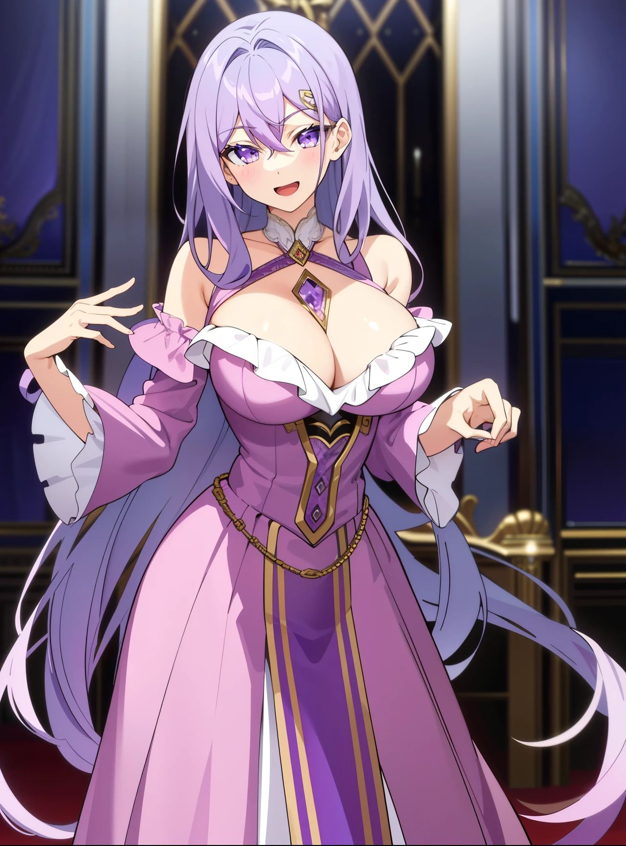 (masterpiece), best quality, intricate details, ultra details, ultra quality, rule of third, (looking at viewer), detailed face, detailed iris, glossy lips, 1girl, solo, long hair, purple eyes, hair between eyes, purple hair, hair intakes, bangs, :D, full body adult, large_breast, pink dress, inside, royal banquet, curtsey, big_breast, perfect_body